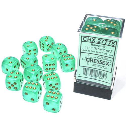 Chessex 16mm d6 Set: Borealis Luminary Light Green/Gold (12)