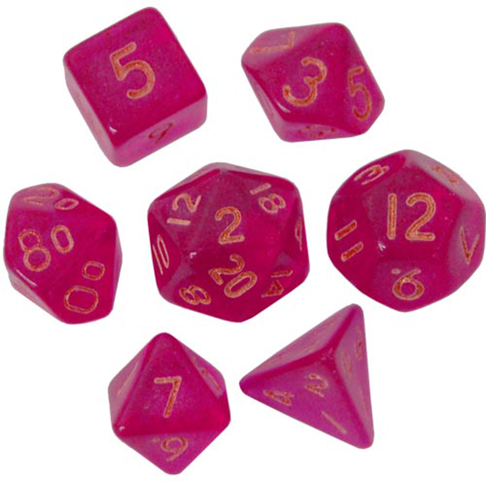 Game Plus Products 10mm Resin Dice: Transparent - Magenta w/ Gold Numbers (7)
