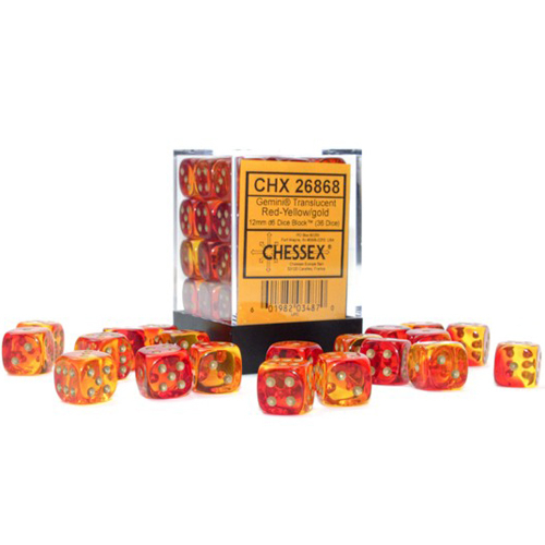Chessex 12mm d6 Set: Gemini Translucent - Red-Yellow w/Gold (36)
