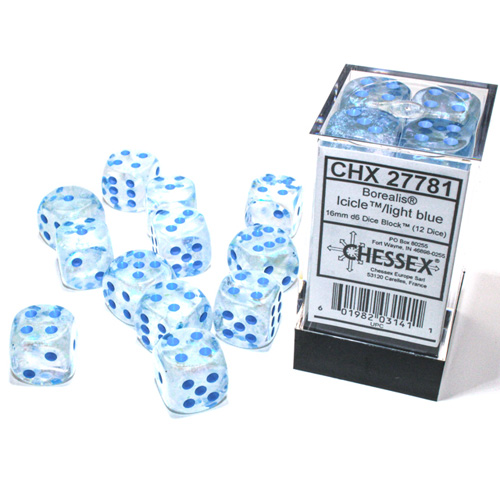Chessex 16mm d6 Set: Borealis Luminary Icicle/Light Blue (12)