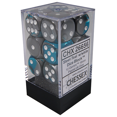 Chessex 16mm d6 Set: Gemini Steel-Teal w/White (12)