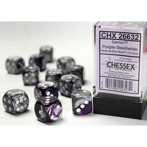 Chessex 16mm d6 Set: Gemini - Purple-Steel w/White (12)
