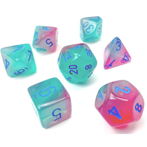 Chessex Dice Set: Gemini Luminary - Gel Green-Pink w/Blue (7)