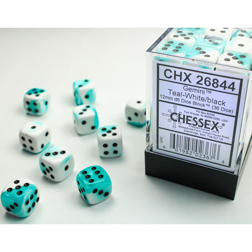 Chessex 12mm d6 Set: Gemini - Teal-White w/Black Dice (36)