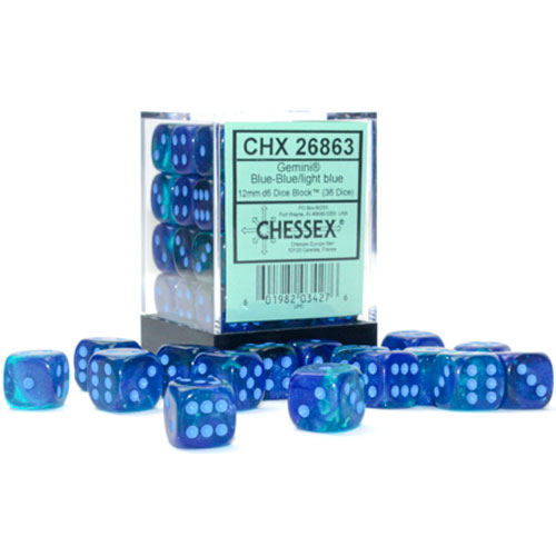 Chessex 12mm d6 Set: Gemini Luminary - Blue-Blue w/Light Blue (36)