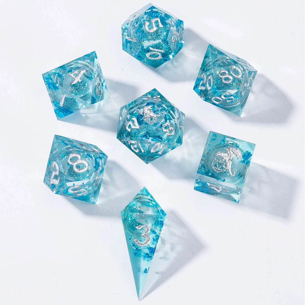 Sharp-Edge Polyhedral Dice Set: Liquid Core - Aqua (7) (Last Chance)