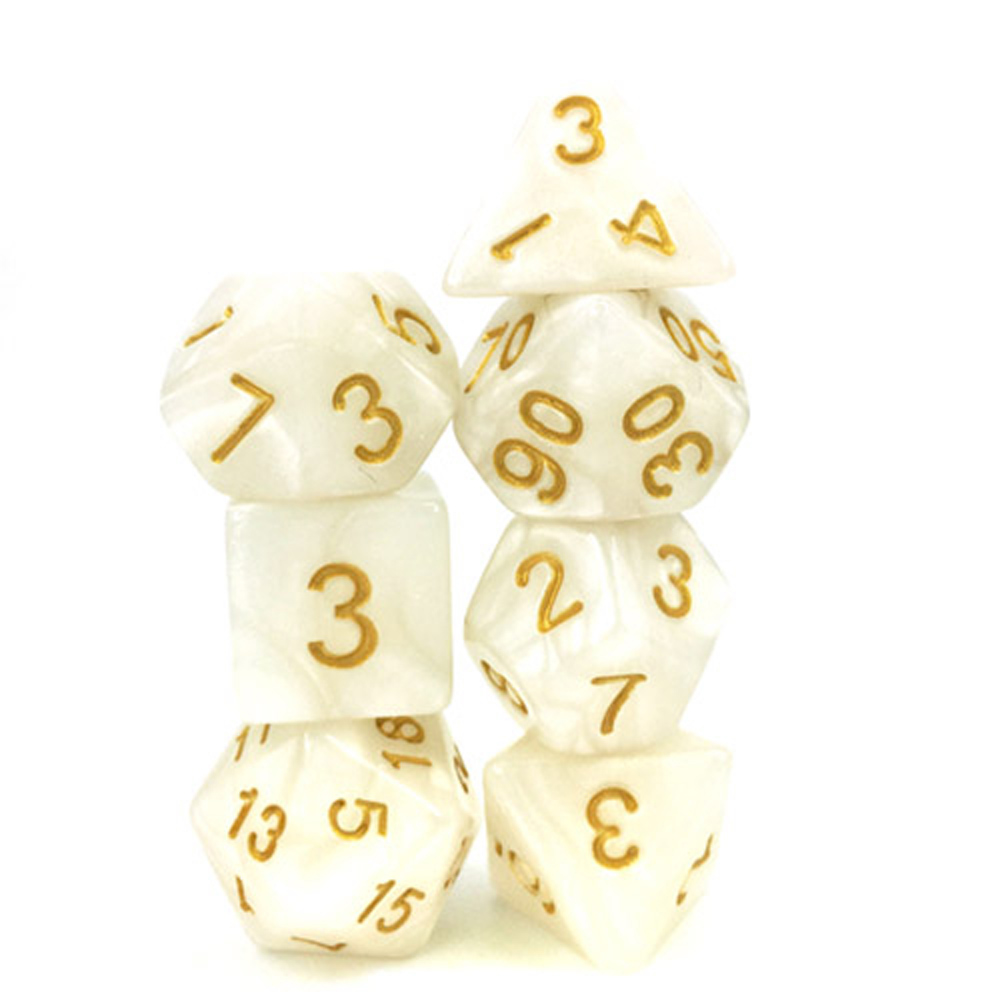 Game Plus Products 10mm Resin Dice: Pearl - White w/ Gold Numbers (7)