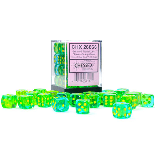 Chessex 12mm d6 Set: Gemini Translucent - Green-Teal w/Yellow (36)