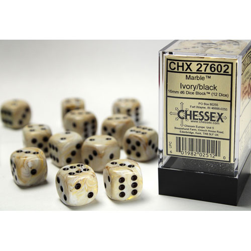 Chessex 16mm d6 Set: Marble - Ivory w/Black (12)