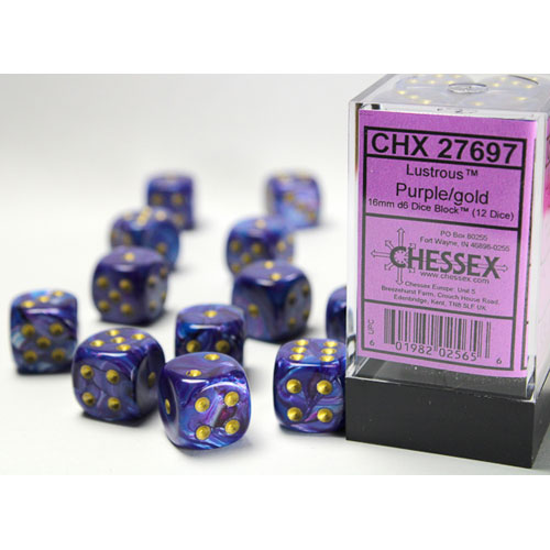 Chessex 16mm d6 Set: Lustrous - Purple w/Gold (12)