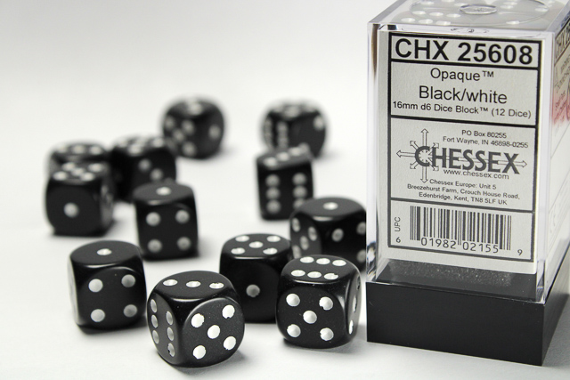 Chessex 16mm d6 Set: Opaque - Black w/White (12)