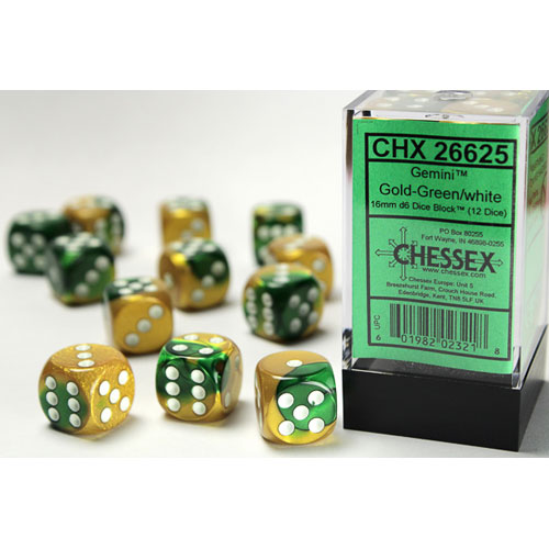 Chessex 16mm d6 Set: Gemini - Gold-Green w/White (12) (Last Chance)