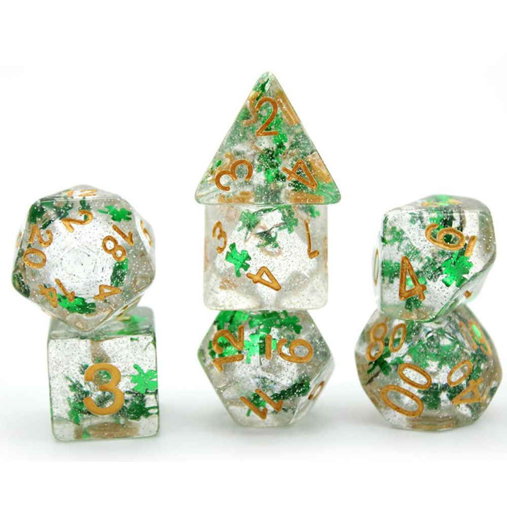 Game Plus Products 16mm Resin Dice: Paillette - Four-Leaf Clover w/ Silver Glitter (7)