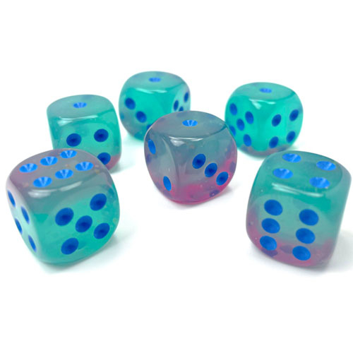 Chessex 16mm d6 Set: Gemini Luminary - Gel Green-Pink w/Blue (12)