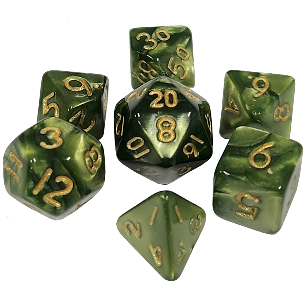 Game Plus Products 10mm Resin Dice: Pearl - Green w/ Gold Numbers (7)