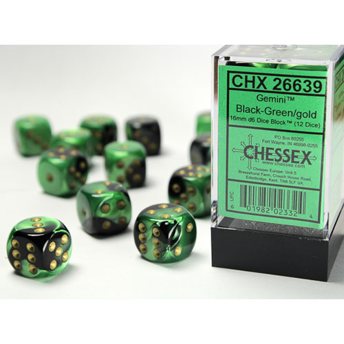 Chessex 16mm d6 Set: Gemini - Black-Green w/Gold Dice (12)