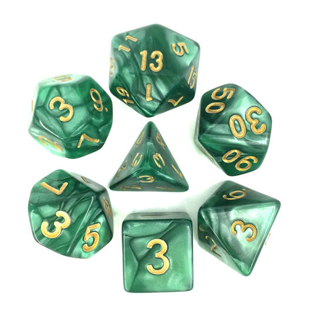 Game Plus Products 10mm Resin Dice: Pearl - Forest Green w/ Gold Numbers (7)