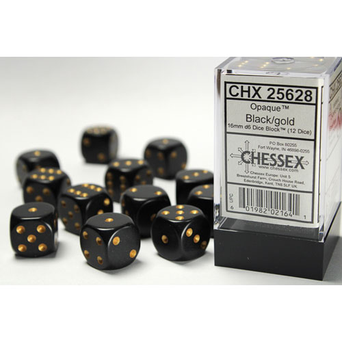 Chessex 16mm d6 Set: Opaque - Black w/Gold (12)