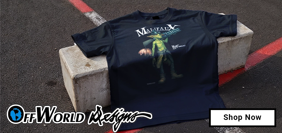 A Malifaux T-shirt by Off world Designs on a Concrete barrier