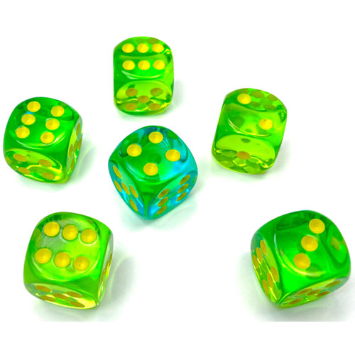 Chessex 16mm d6 Set: Gemini Translucent - Green-Teal w/Yellow (12)