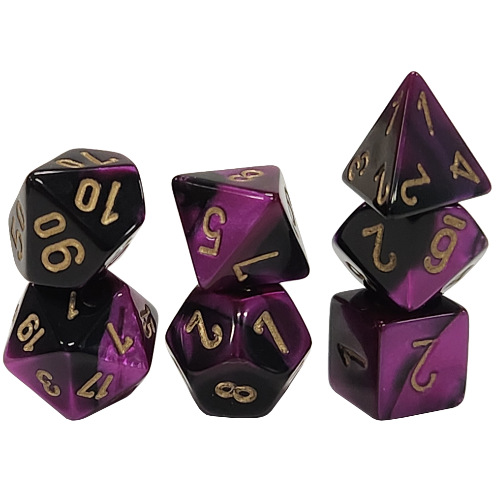 Chessex Mini Dice Set: Gemini - Black-Purple w/ Gold (7)