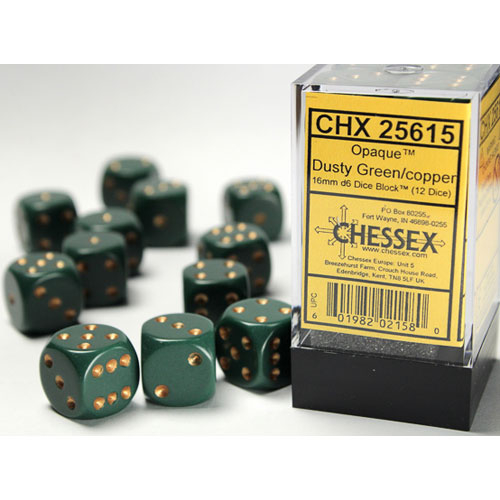 Chessex 16mm d6 Set: Opaque - Dusty Green w/Copper (12)