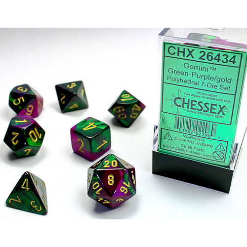 Chessex Dice Set: Gemini - Green-Purple w/Gold (7)