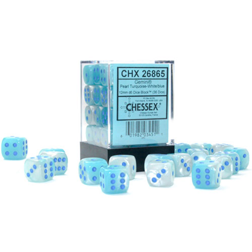 Chessex 12mm d6 Set: Gemini Luminary - Pearl Turquoise-White w/Blue (36)