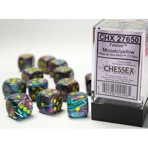 Chessex 16mm d6 Set: Festive - Mosaic w/Yellow (12)