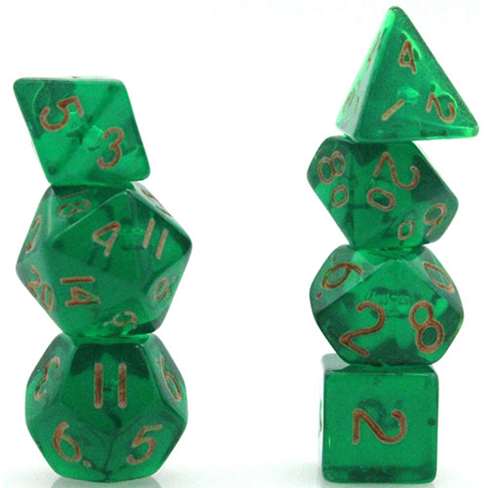 Game Plus Products 10mm Resin Dice: Transparent - Green w/ Gold Numbers (7)
