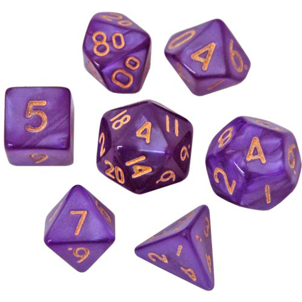 Game Plus Products 10mm Resin Dice: Pearl - Purple w/ Gold Numbers (7)