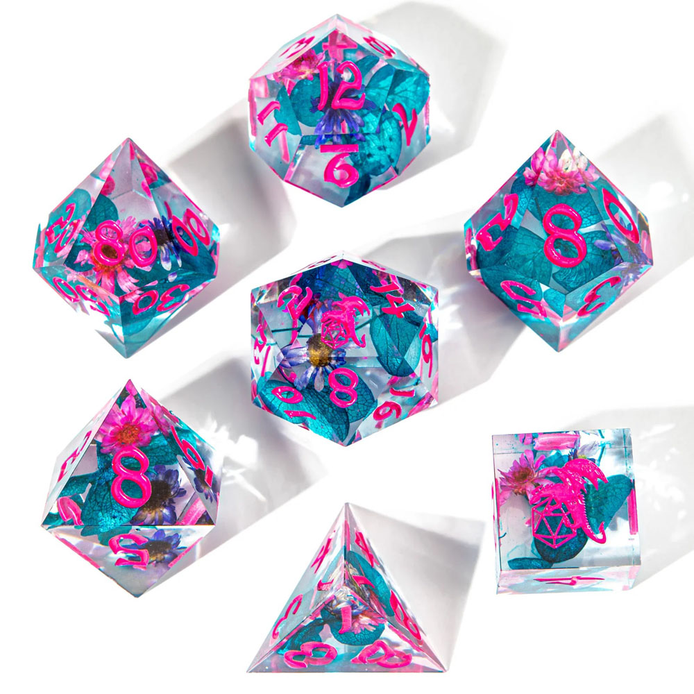 Sharp-Edge Polyhedral Dice Set: Captured Magic - Vapor Wave Blossom (7) (Last Chance)