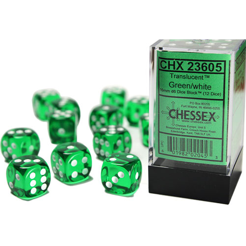 Chessex 16mm d6 Set: Translucent - Green w/White (12)