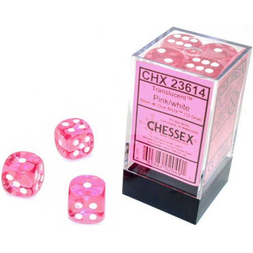 Chessex 16mm d6 Set: Translucent - Pink w/White (12)