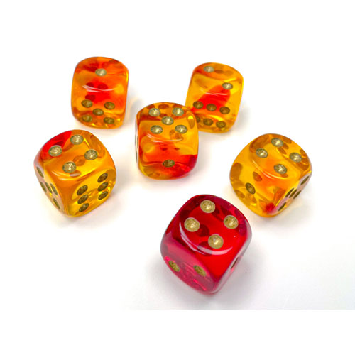 Chessex 16mm d6 Set: Gemini Translucent - Red-Yellow w/Gold (12)
