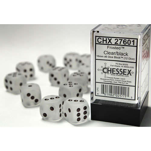 Chessex 16mm d6 Set: Frosted - Clear w/ Black (12)