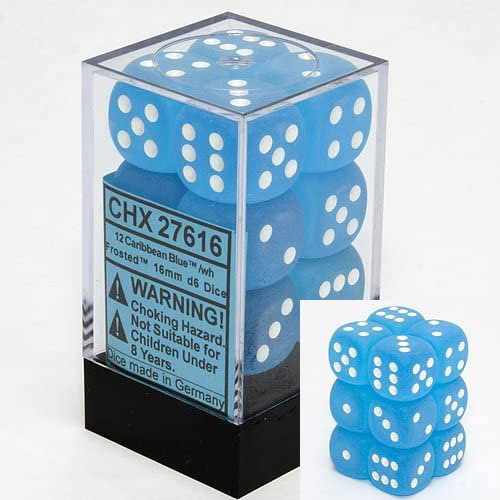 Chessex 16mm d6 Set: Frosted Caribbean Blue w/White (12)