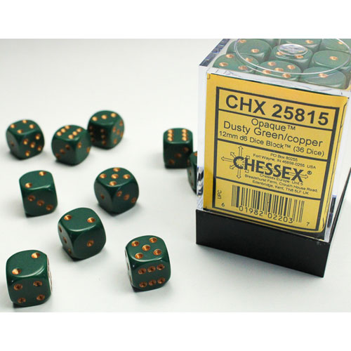 Chessex 12mm d6 Set: Opaque - Dusty Green w/Copper (36)